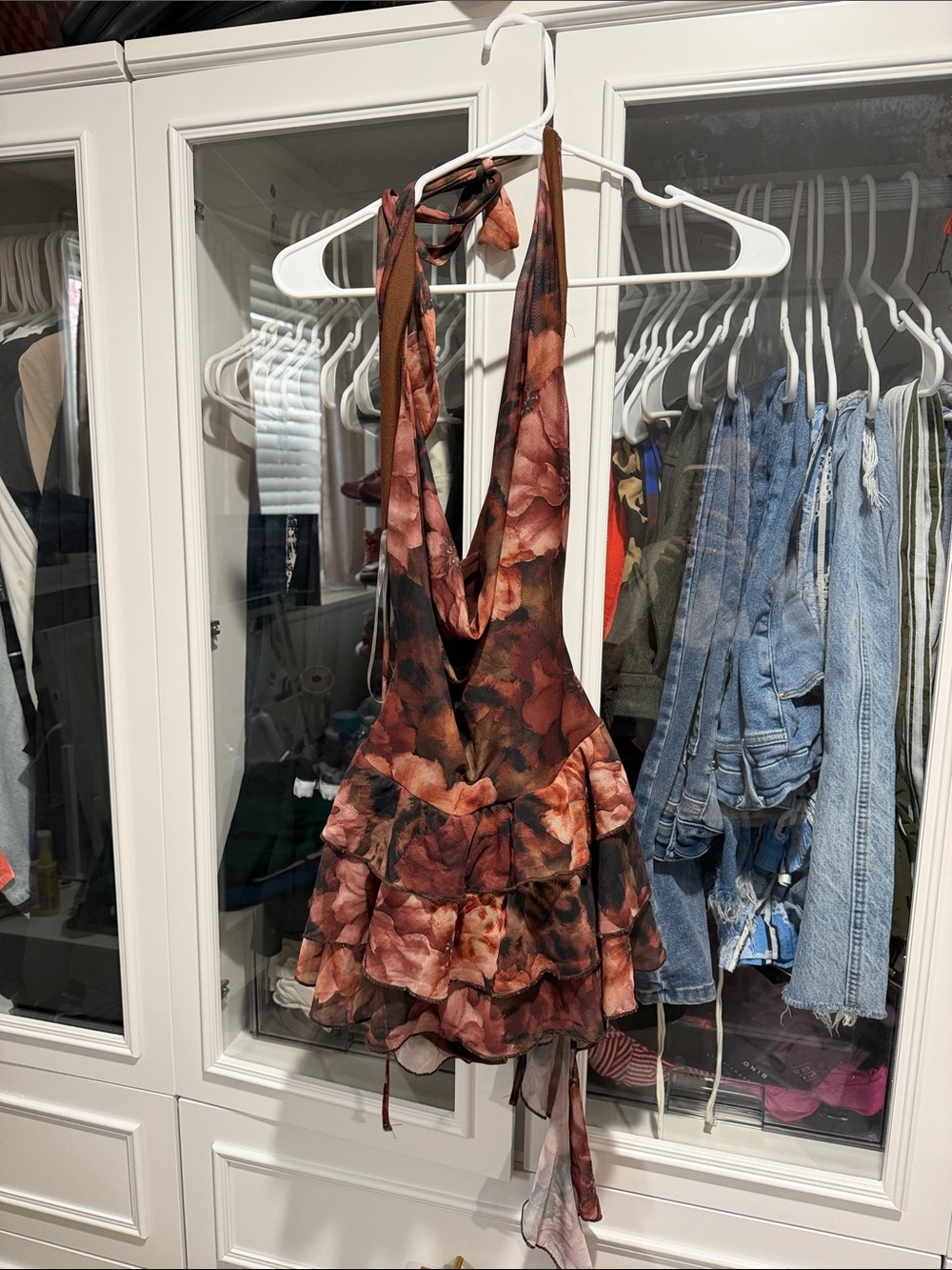 Windsor Floral Halter Ruffle Mini Dress in Rust and Pink